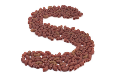 Letter from red macaroni on a white background