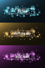 Happy New Year. Night party. Great sale. Background of multicolored lights. Glare bokeh. White, rectangular banners