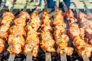 Preparation of shish kebab on the grill