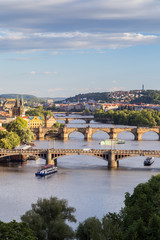 Buildings and bridges over Vltava River in Prague, Czech Republic, viewed slightly from above in the daytime.