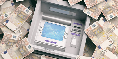 ATM machine on euro banknotes background. 3d illustration - obrazy, fototapety, plakaty