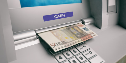 Euros out of a ATM machine. 3d illustration