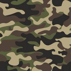 Camouflage seamless pattern background. Classic clothing style masking camo repeat print. Green brown black olive colors forest texture. Design element. Vector illustration.