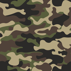 Camouflage seamless pattern background. Classic clothing style masking camo repeat print. Green brown black olive colors forest texture. Design element. Vector illustration.