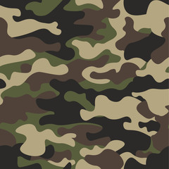 Camouflage seamless pattern background. Classic clothing style masking camo repeat print. Green brown black olive colors forest texture. Design element. Vector illustration.