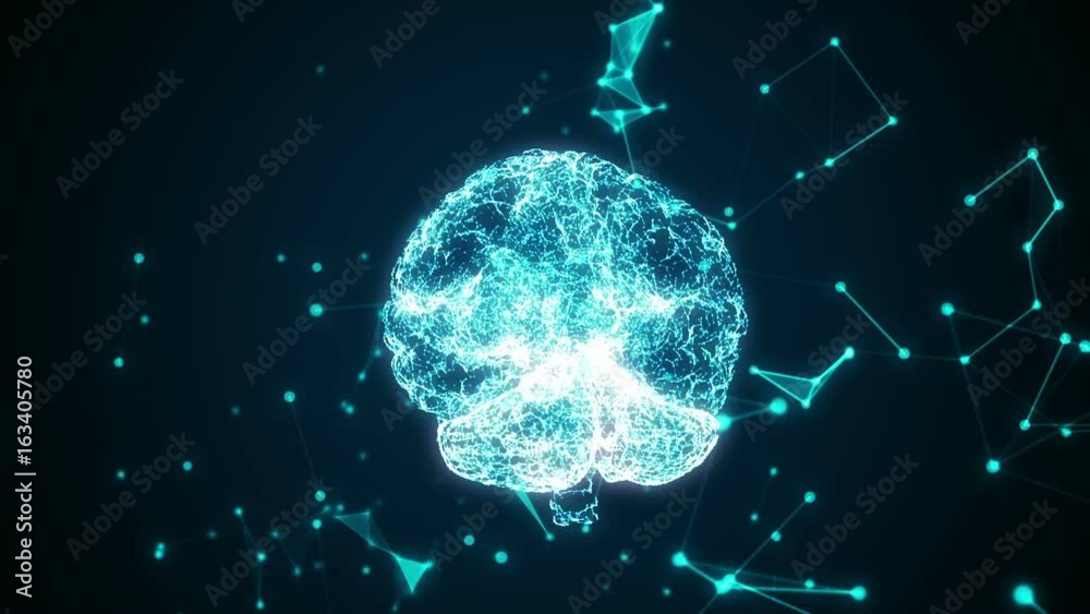 Poster human brain being formed by revolving particles. plexus structure evolving around. blue abstract fut