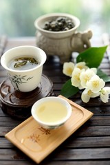 Healthy oolong tea cup with leaves