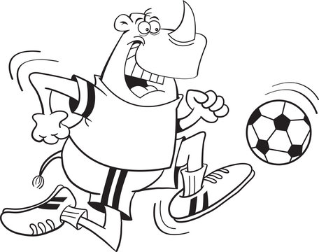 Black and white illustration of a rhino playing soccer.
