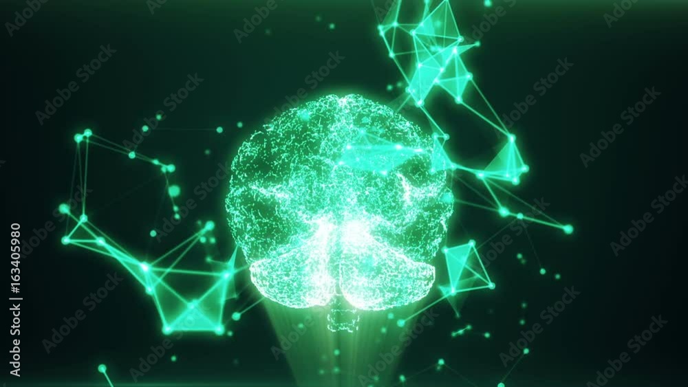 Poster human brain being formed by revolving particles. plexus structure evolving around. green abstract fu