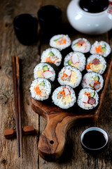 Korean roll Gimbap(kimbob) with ham, sausage, carrots, omelet, crab meat and rice. 