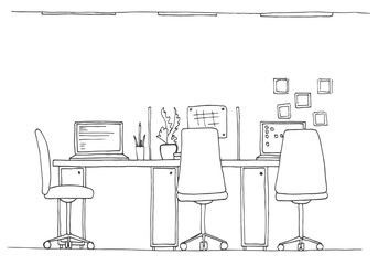 Open Space office. Workplaces outdoors. Tables, chairs. Vector illustration in a sketch style.
