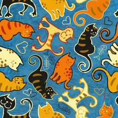 Seamless pattern with cute cartoon doodle cats on blue background. Little colorful kittens. Funny animals. Children's illustration. Vector image.