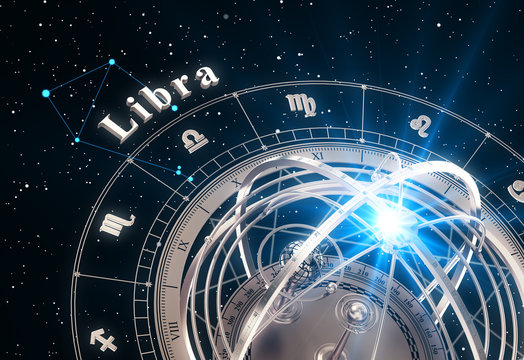 Zodiac Sign Libra And Armillary Sphere On Black Background