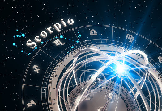 Zodiac Sign Scorpio And Armillary Sphere On Black Background