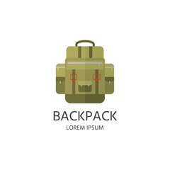 Backpack logo, badge, label for mountain camping elements. Equipment  for forest camp.