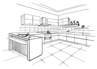 Sketch of modern corner kitchen.