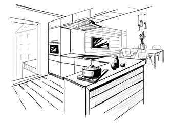 Sketch of modern corner kitchen. - 163408136