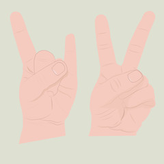 Hand gesture peace sign, symbol. Sketch vector illustration Two fingers of a female hand and a man's. 