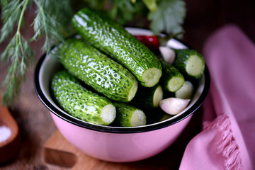 Homemade organic lightly salted cucumbers. Organic, healthy food.