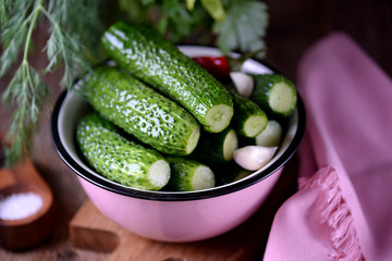Homemade organic lightly salted cucumbers. Organic, healthy food.