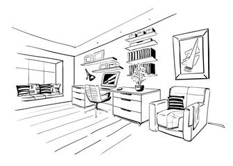 Home office interior sketch. - 163408589
