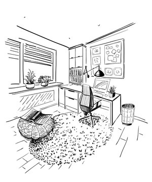 Home office interior sketch.