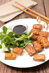 fried tofu with salad and soy sauce