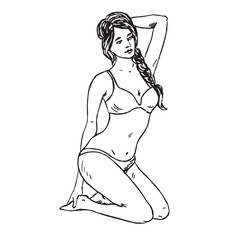 Portrait of sexy retro pin up girl in bikini sitting, hand drawn outline doodle, sketch in pop art style, black and white vector illustration