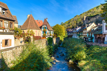 Fototapeta na wymiar Chateau de Kaysersberg - historical village in wine region, vineyards in Alsace, France - Europe