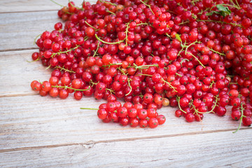 Red currants freely scattered on white wooden background
