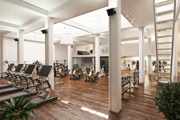 Interior of an upscale cross fit and workout gym . 3d rendering
