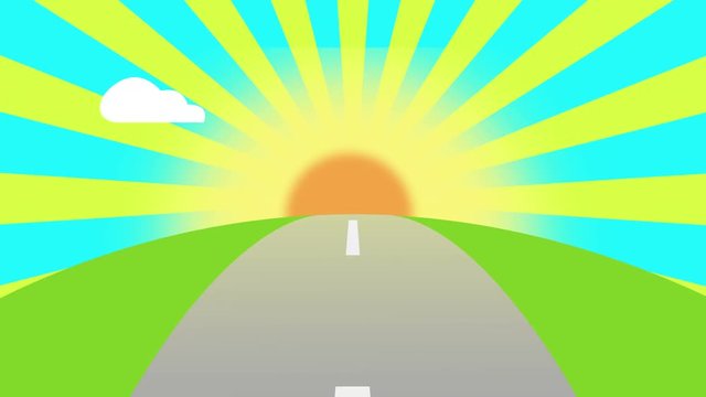 Animated road on a sunset loop with space for your object, text or logo Seamlessly loop. Colorful cartoon nature background.