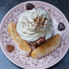 Cup with hot chocolate, whipped cream, cocoa powder, toasts, Leaves of bitter chocolate. Top view