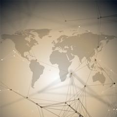 Global network connections, geometric design, technology digital concept. Abstract futuristic background with connecting lines and dots, polygonal linear texture. World map.