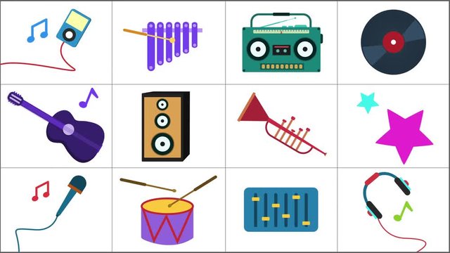Cartoon animation of Music Icons Background Loop Include music instruments, boombox, microphone, headphones, horn, speakers, note signs. Music background. Music and Entertainment concept.