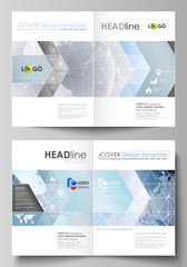 Technology concept. Molecule structure, connecting background. The vector illustration of the editable layout of two A4 format modern cover mockups design templates for brochure, magazine, flyer.