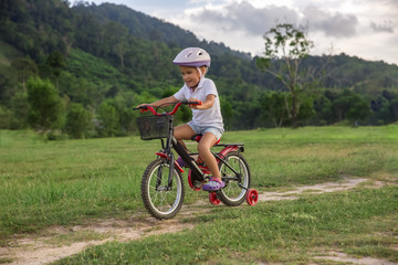 Fototapeta premium The child riding a bicycle. The kid in a helmet riding a bike in the park. Beautiful baby.