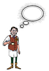 Cartoon image of barista serving coffee. An artistic freehand picture.