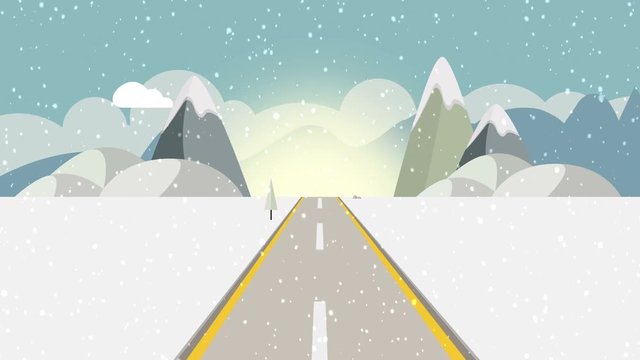 ride through a cartoon highway seamless loop. Animated snow road at snowy day with snow fall with space for your object, text or logo Seamlessly loop. Colorful cartoon nature background.