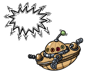 Cartoon image of flying saucer. An artistic freehand picture.