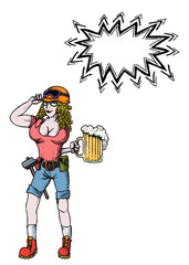 Cartoon image of hard working woman with beer. An artistic freehand picture.