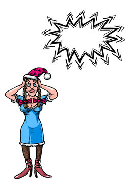 Cartoon image of stressed woman wearing santa hat. An artistic freehand picture.