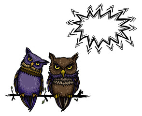 Cartoon image of cute owls. An artistic freehand picture.
