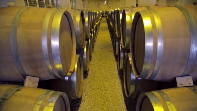 Wine barrels stacked in the cellar of the winery