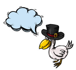 Cartoon image of bird wearing hat. An artistic freehand picture.