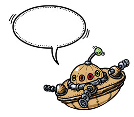 Cartoon image of flying saucer. An artistic freehand picture.