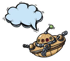 Cartoon image of flying saucer. An artistic freehand picture.
