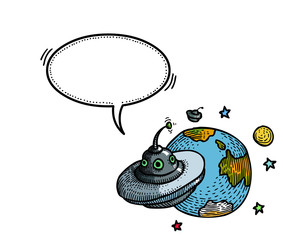 Cartoon image of flying saucer and planet. An artistic freehand picture.