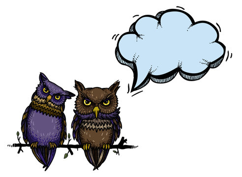 Cartoon image of cute owls. An artistic freehand picture.