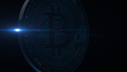 Bitcoins, new virtual money on various digital background, 3D render